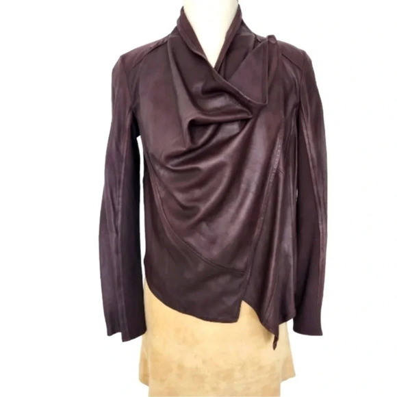 B76 Lamarque Drapped Leather Crossbody Snap Jacket Size Large - Picture 2 of 9